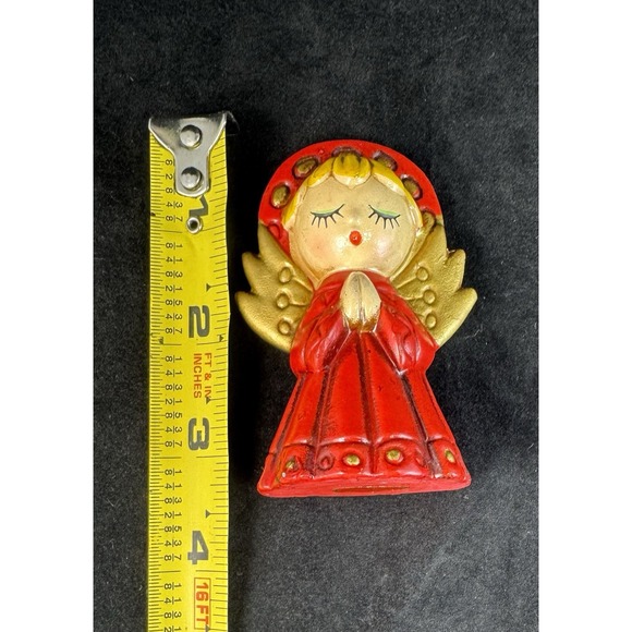 Vintage Christmas Angel Figurines Pair Red Gold Praying Mid Century Mod Retro - Picture 6 of 7